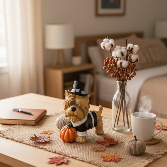 Pilgrim Dog with Pumpkin Resin Fall Autumn Decor Thanksgiving Home Decoration - Picture 2 of 4